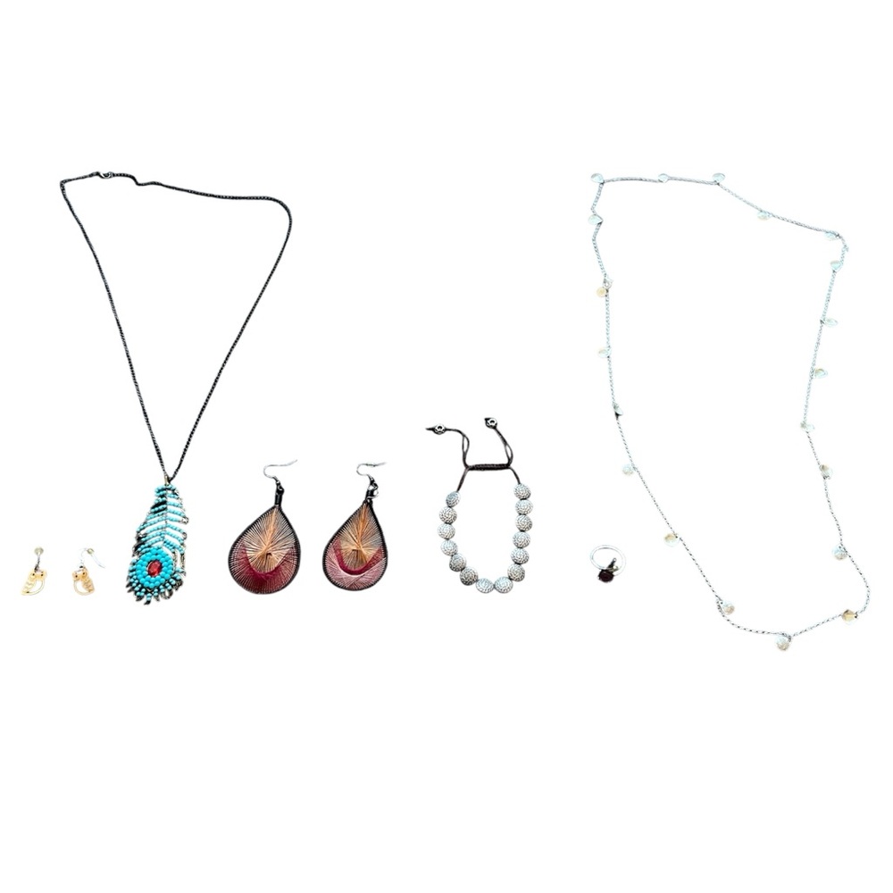 8 Piece Jewelry Lot Boho Necklaces, Earrings, Silver Bracelet, Fashion Leaf Ring